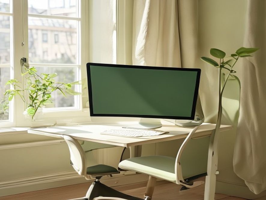 Schoon ergonomisch bureau met monitor en ergonomische stoel in helder kantoorlicht