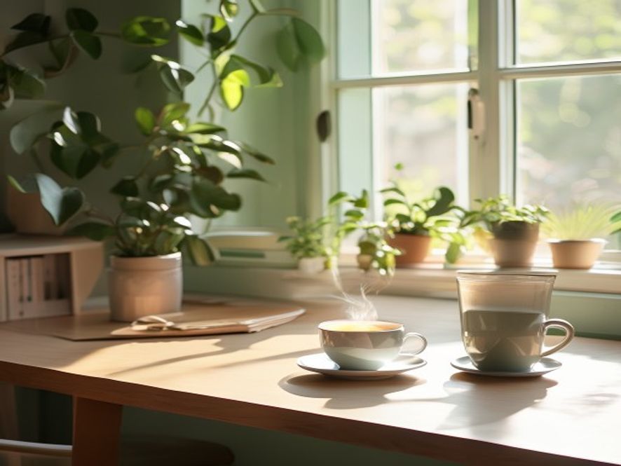 Heldere ochtendwerkplek met geopend raam, kopje koffie en opgestelde bureau met monitor
